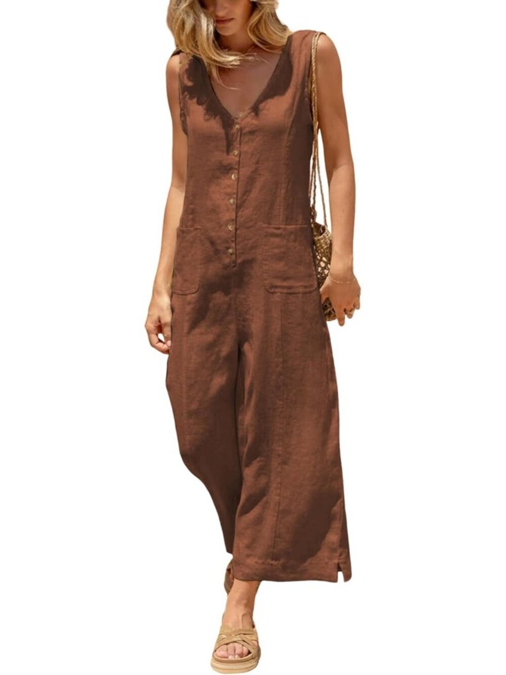 Women's Reddish Brown Cotton Linen Sleeveless Casual Wide Leg Button Down Romper